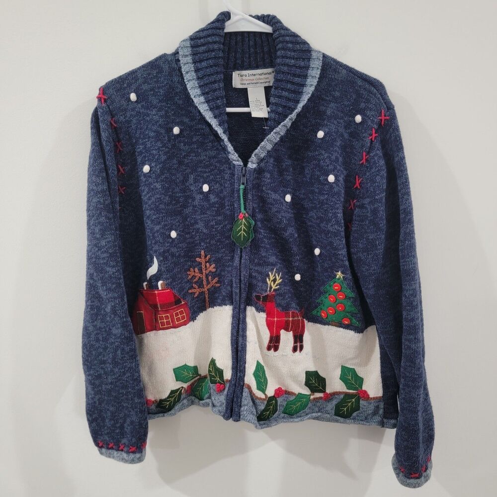 Vintage Tiara International Zip Sweater Size Large Ugly‎ Christmas Shawl Neck